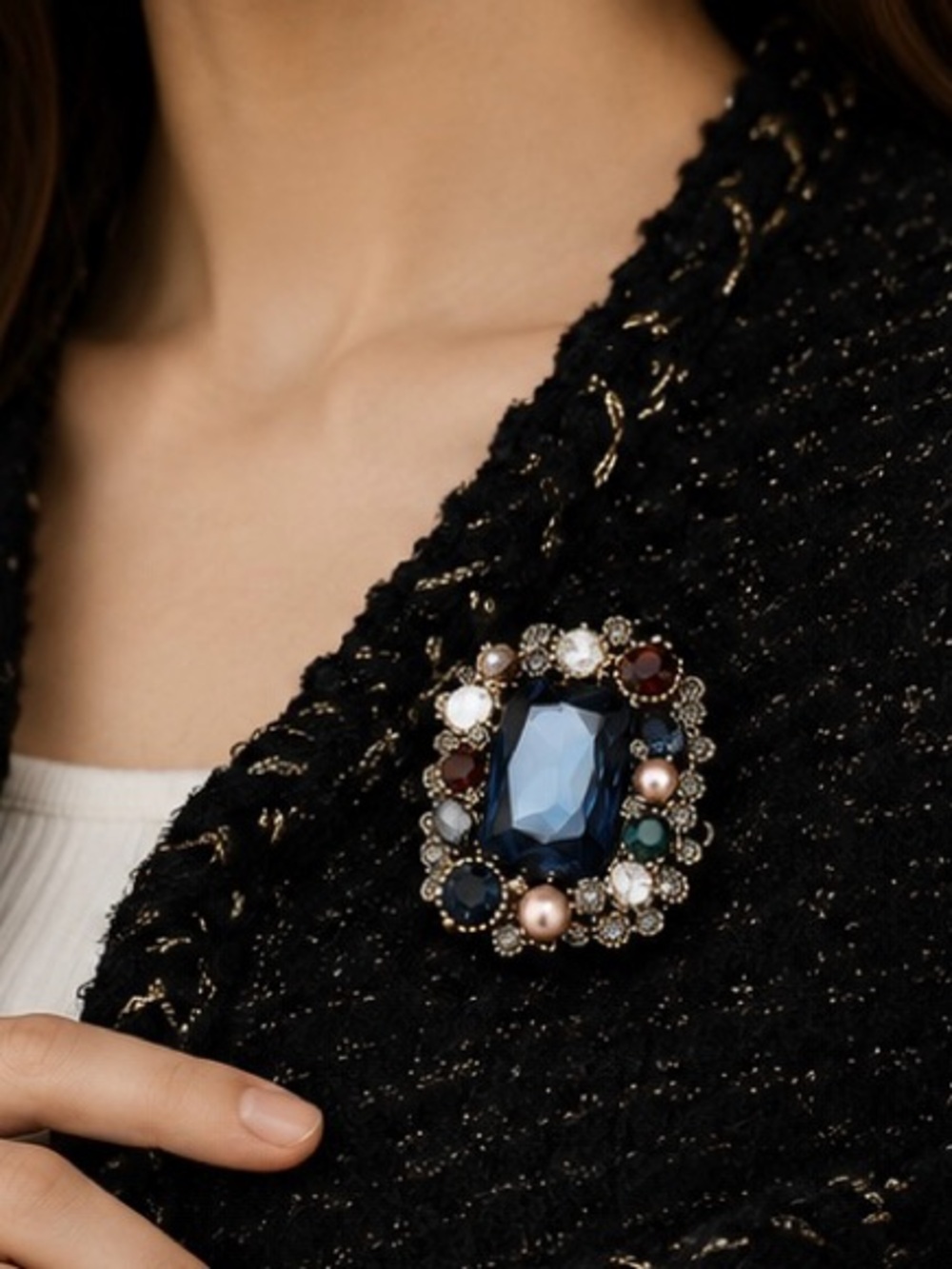 Vintage Navy Blue Crystal Brooch | Multicolor Rhinestone Statement Pin | Antique